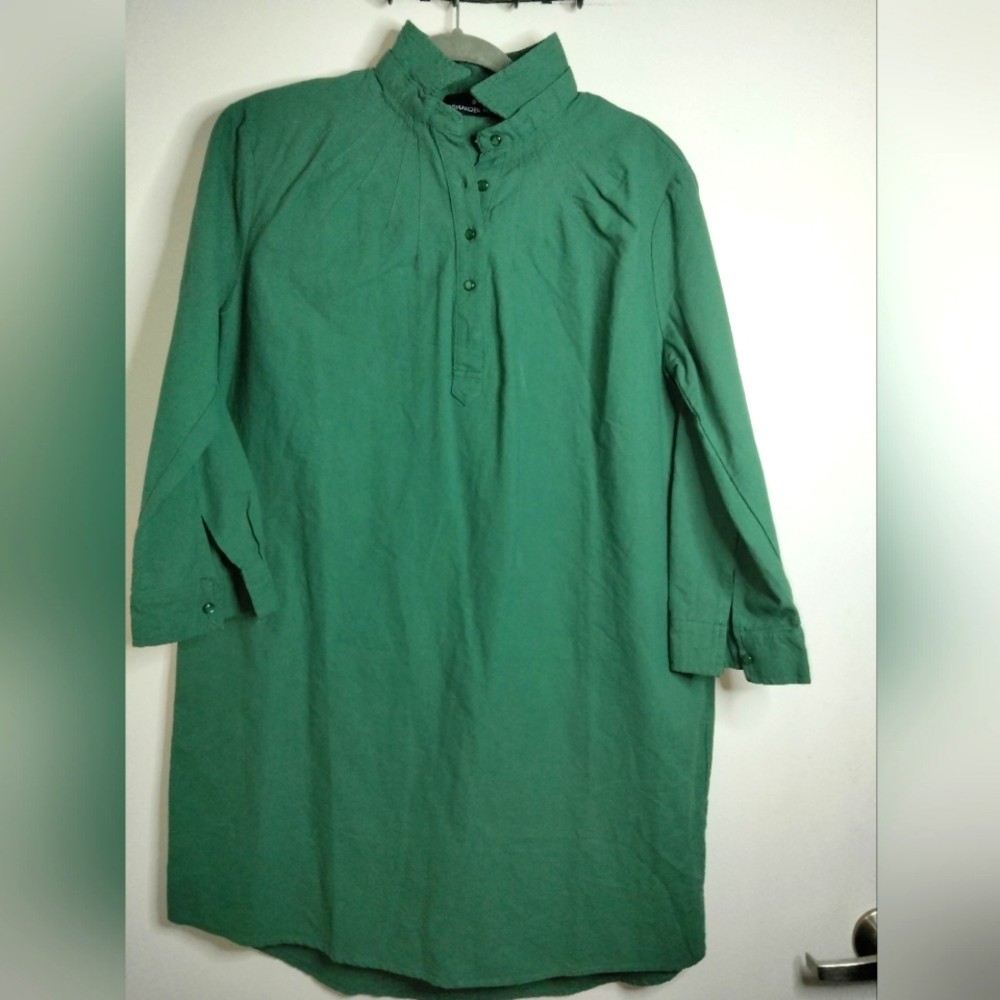 Pomander Place (Sz M) Green Cotton Button-Up 3/4 Sleeve Slip Pocket Polly Dress